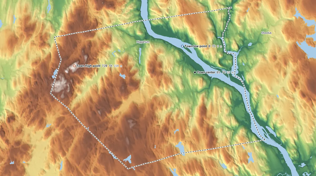 Topographic elevation map of Haddam, Connecticut, shaded from 0 ft on the northwest side to 720 ft on the west side