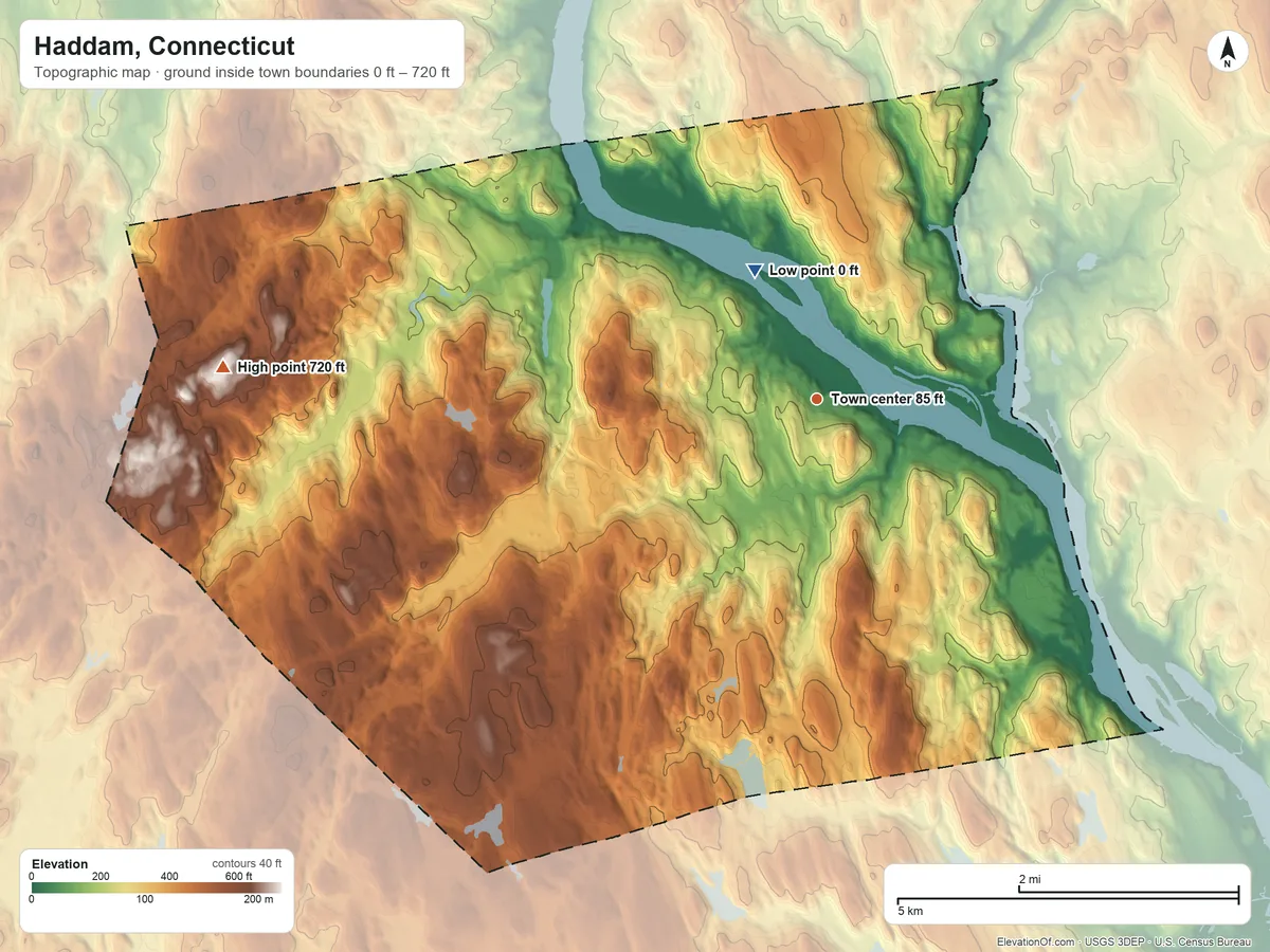 Topographic elevation map of Haddam, Connecticut, shaded from 0 ft on the northwest side to 720 ft on the west side