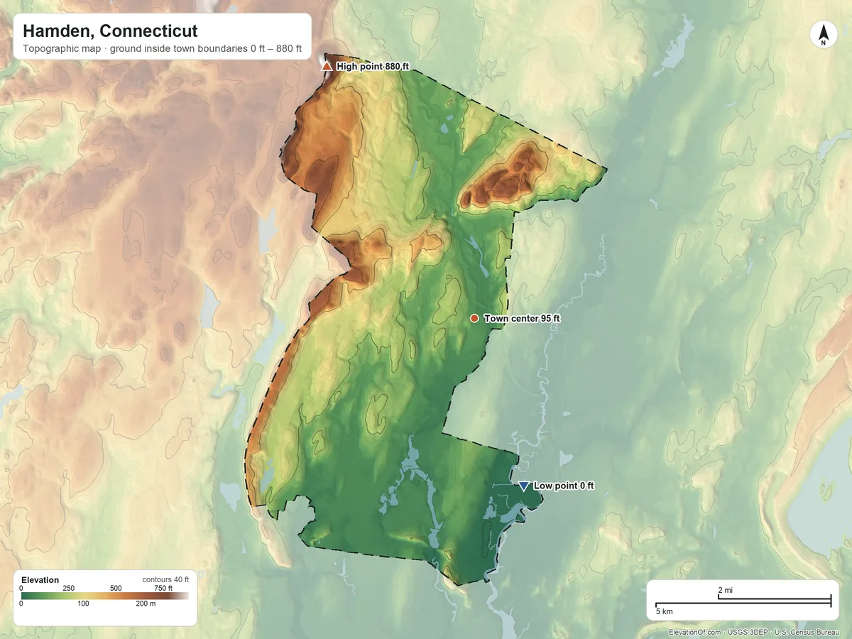 Topographic elevation map of Hamden, Connecticut, shaded from 0 ft on the south side to 880 ft on the northwest edge, below higher ground just outside