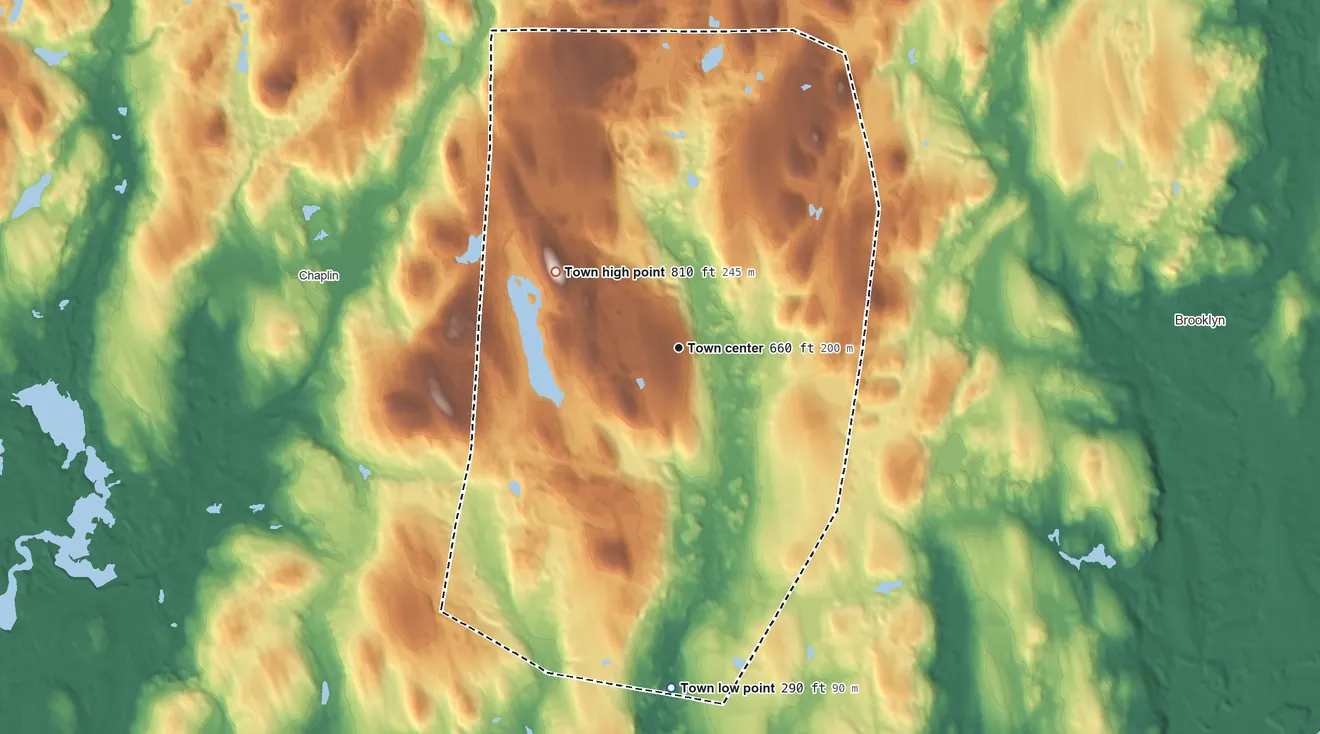 Topographic elevation map of Hampton, Connecticut, shaded from 290 ft on the south side to 812 ft on Sunset Hill