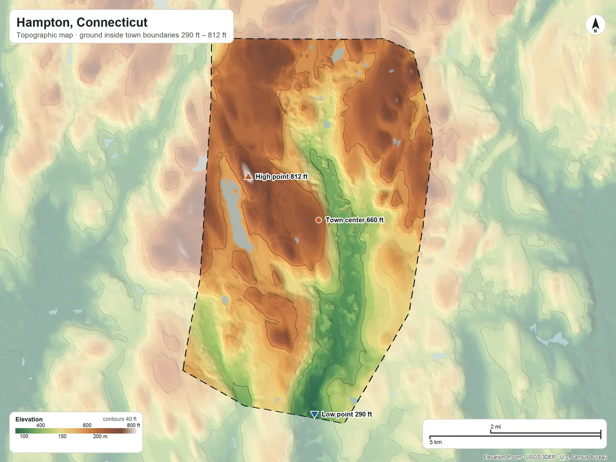 Topographic elevation map of Hampton, Connecticut, shaded from 290 ft on the south side to 812 ft on Sunset Hill