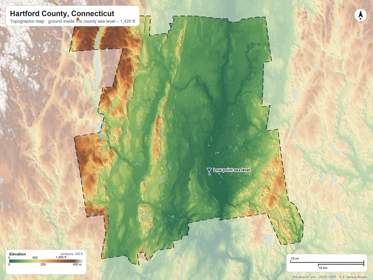 Topographic elevation map of Hartford County, Connecticut, shaded from sea level on Wethersfield Cove to 1,420 ft on the northwest side