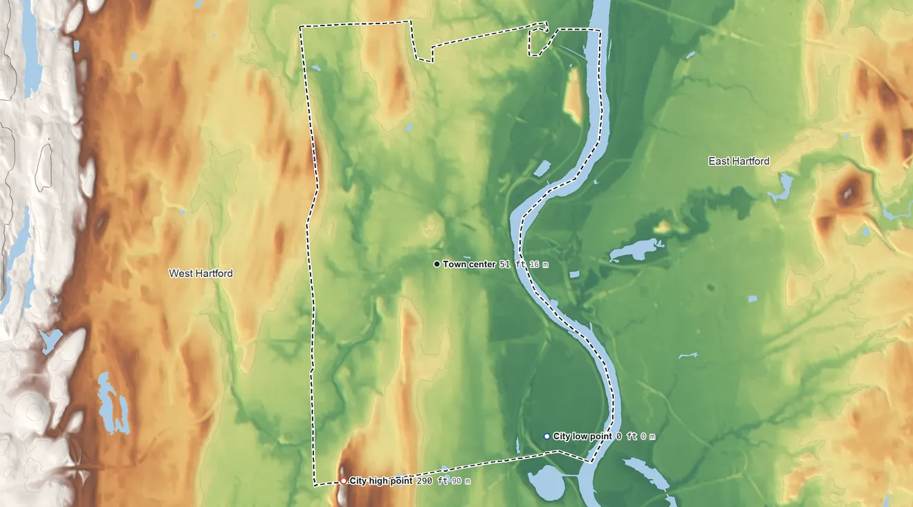 Topographic elevation map of Hartford, Connecticut, shaded from sea level level on Wethersfield Cove to 290 ft on the southwest side