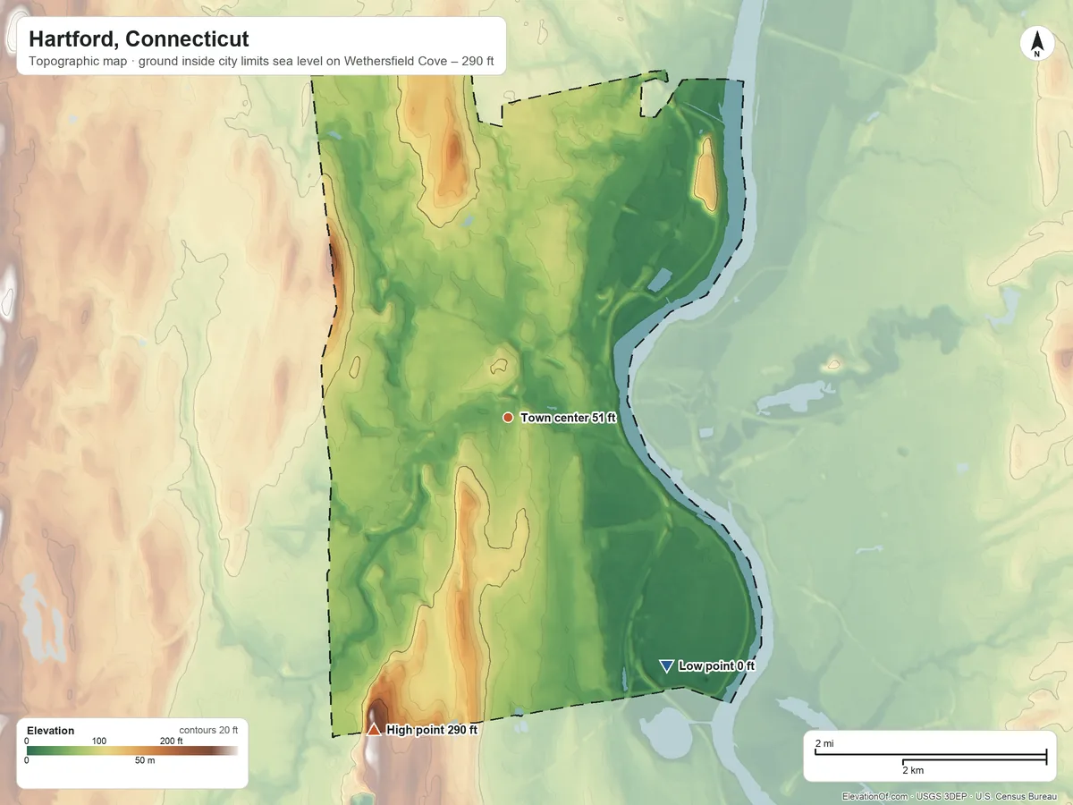 Topographic elevation map of Hartford, Connecticut, shaded from sea level level on Wethersfield Cove to 290 ft on the southwest side