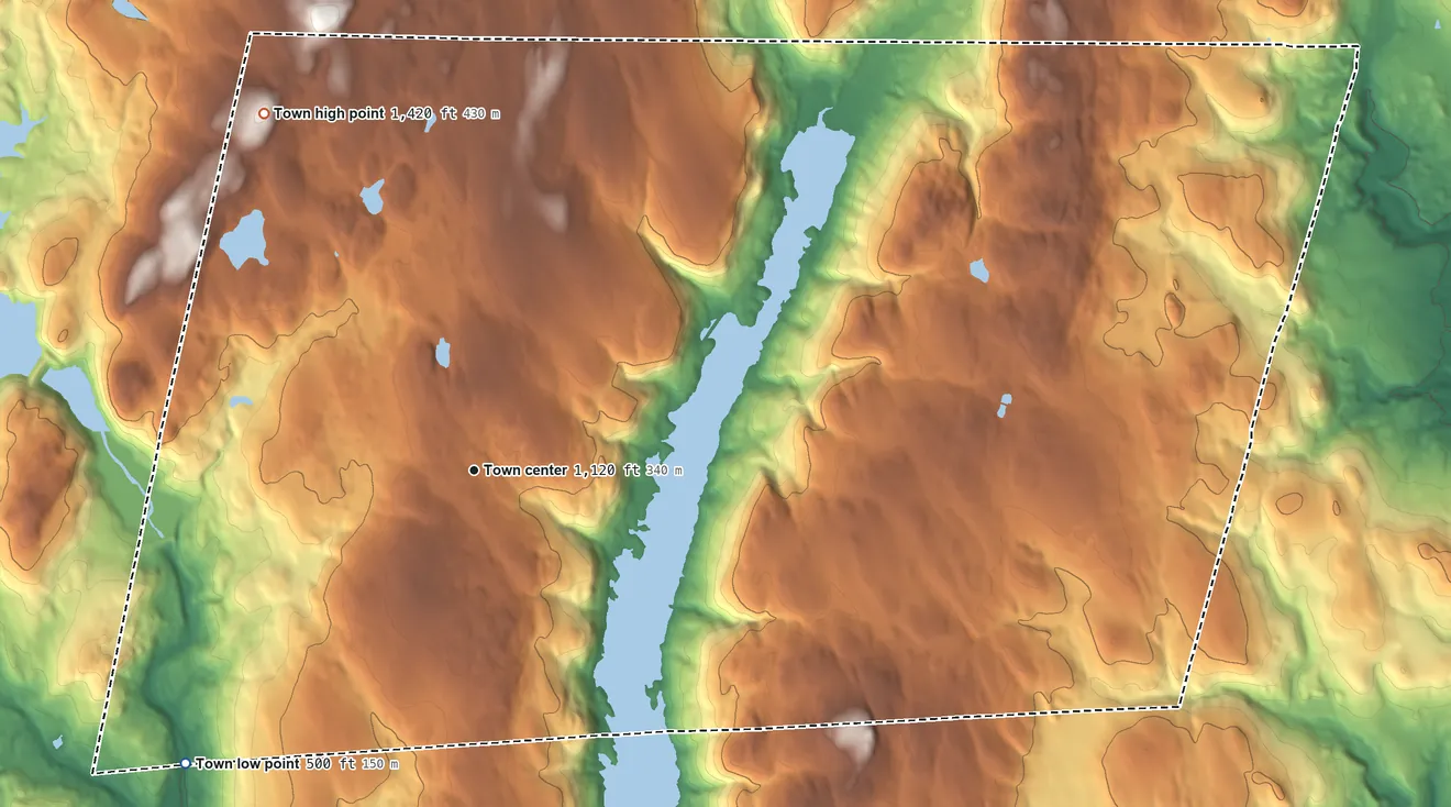 Topographic elevation map of Hartland, Connecticut, shaded from 500 ft on the southwest side to 1,420 ft on the northwest side
