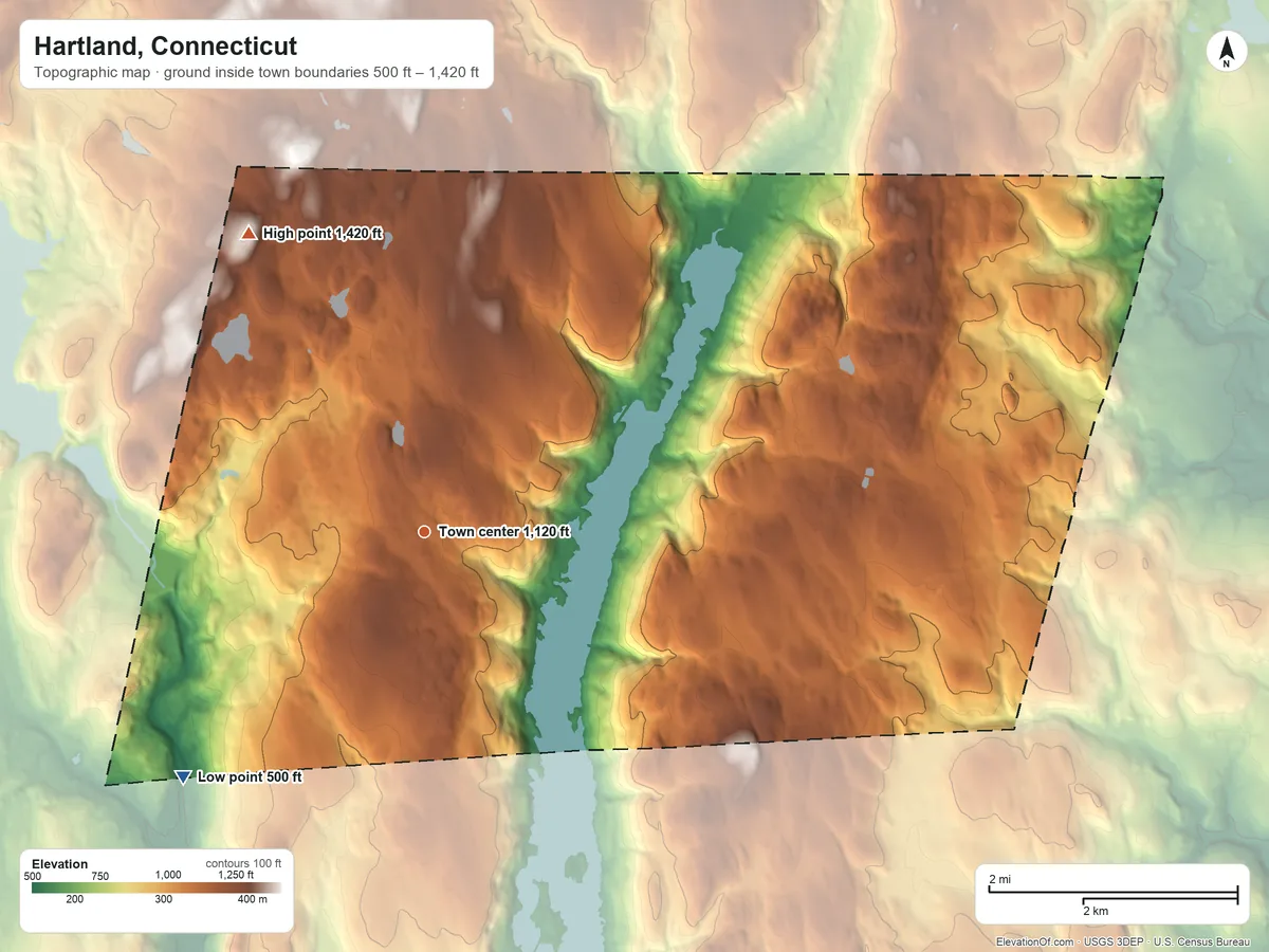 Topographic elevation map of Hartland, Connecticut, shaded from 500 ft on the southwest side to 1,420 ft on the northwest side