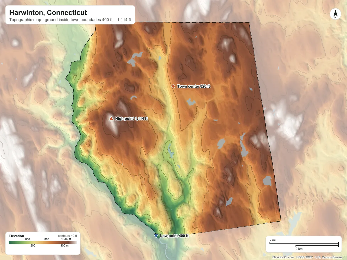 Topographic elevation map of Harwinton, Connecticut, shaded from 400 ft on the south side to 1,114 ft on Scoville Hill