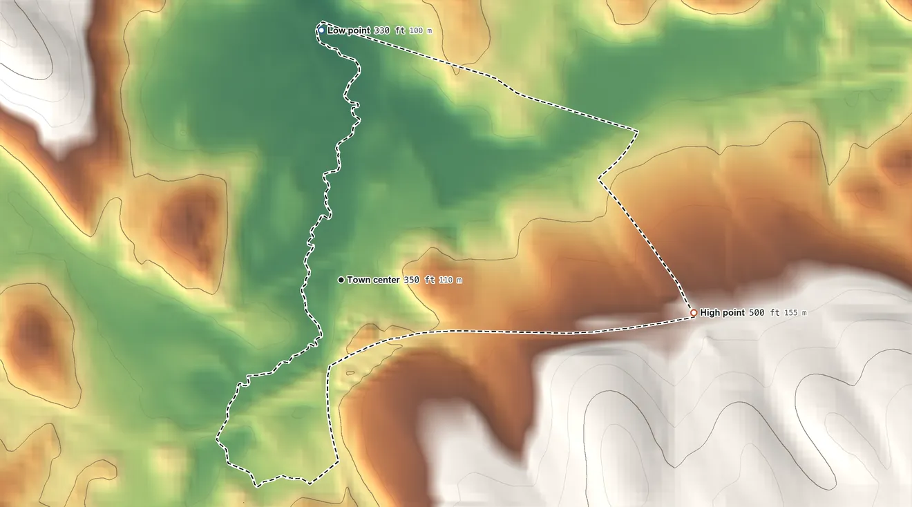 Topographic elevation map of Hawleyville, Connecticut, shaded from 330 ft on the north side to 500 ft on the east side