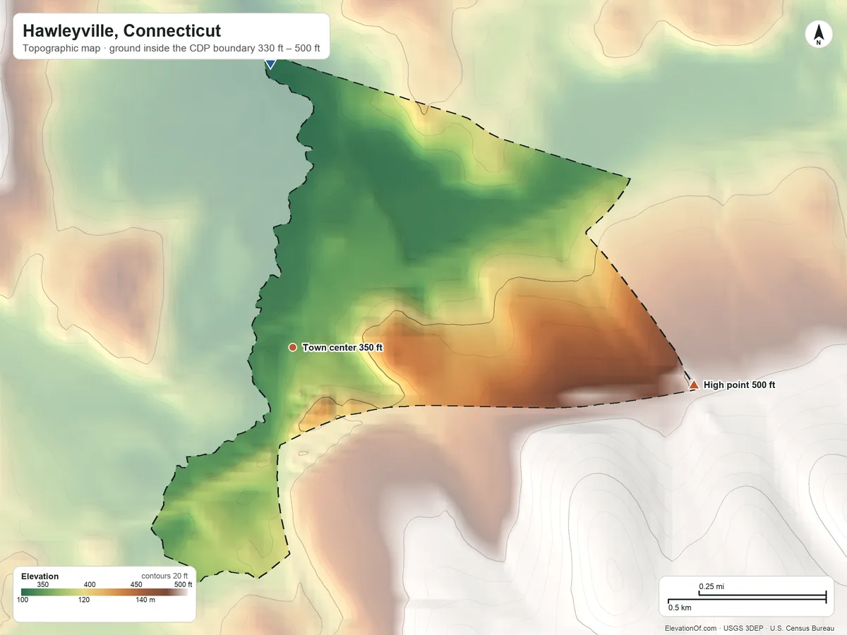 Topographic elevation map of Hawleyville, Connecticut, shaded from 330 ft on the north side to 500 ft on the east side