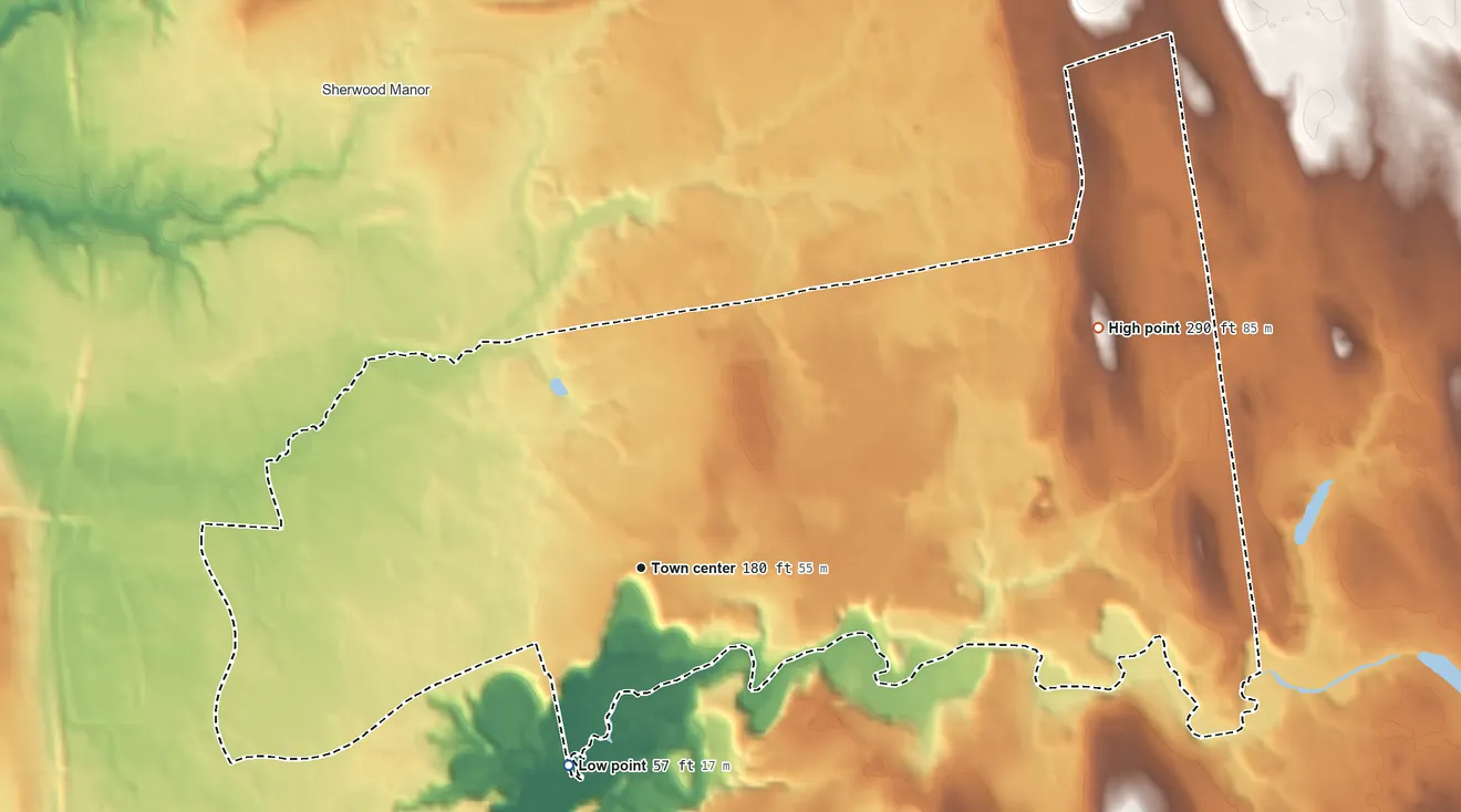 Topographic elevation map of Hazardville, Connecticut, shaded from 57 ft on the south side to 290 ft on the northeast side