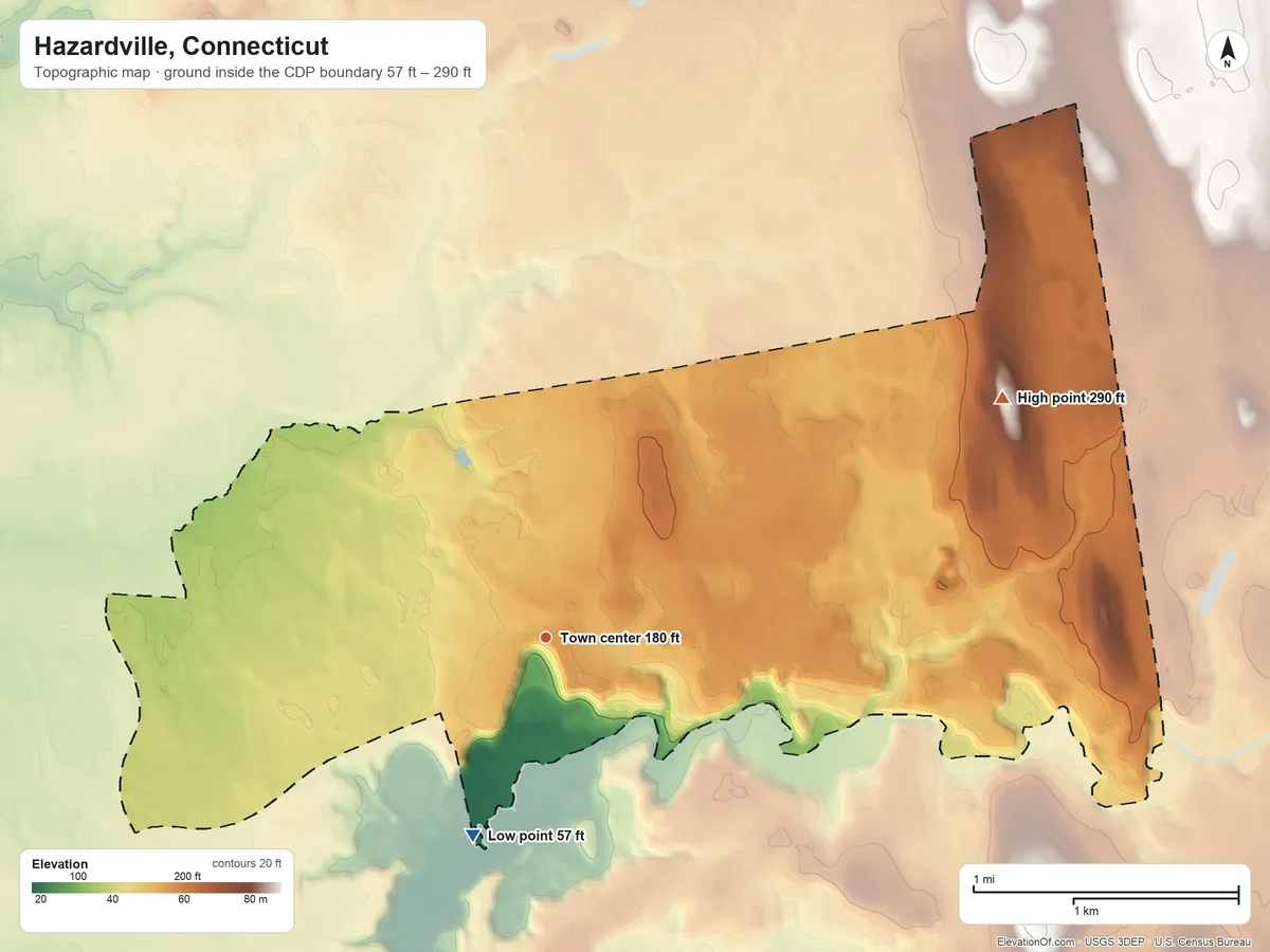 Topographic elevation map of Hazardville, Connecticut, shaded from 57 ft on the south side to 290 ft on the northeast side