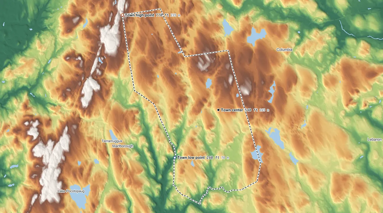 Topographic elevation map of Hebron, Connecticut, shaded from 240 ft on the southwest side to 770 ft on the northwest side