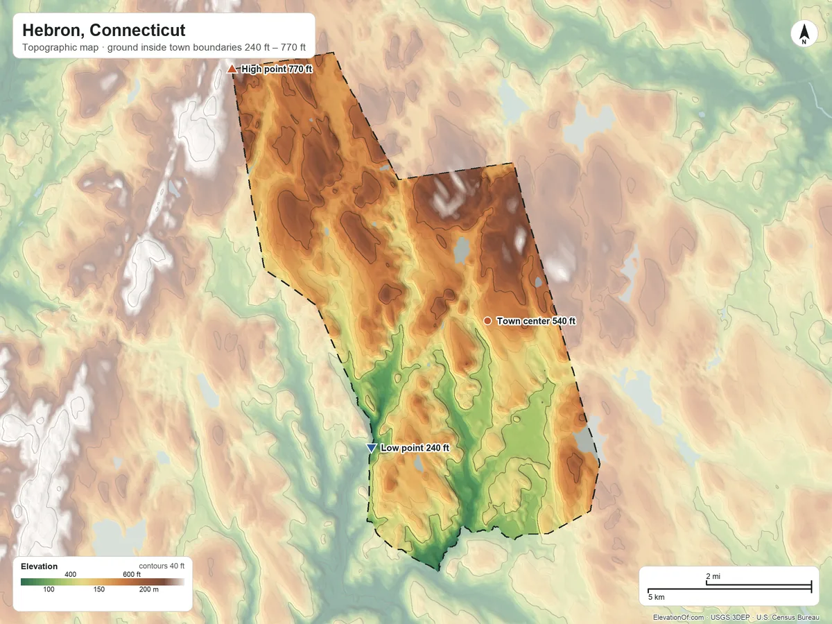 Topographic elevation map of Hebron, Connecticut, shaded from 240 ft on the southwest side to 770 ft on the northwest side