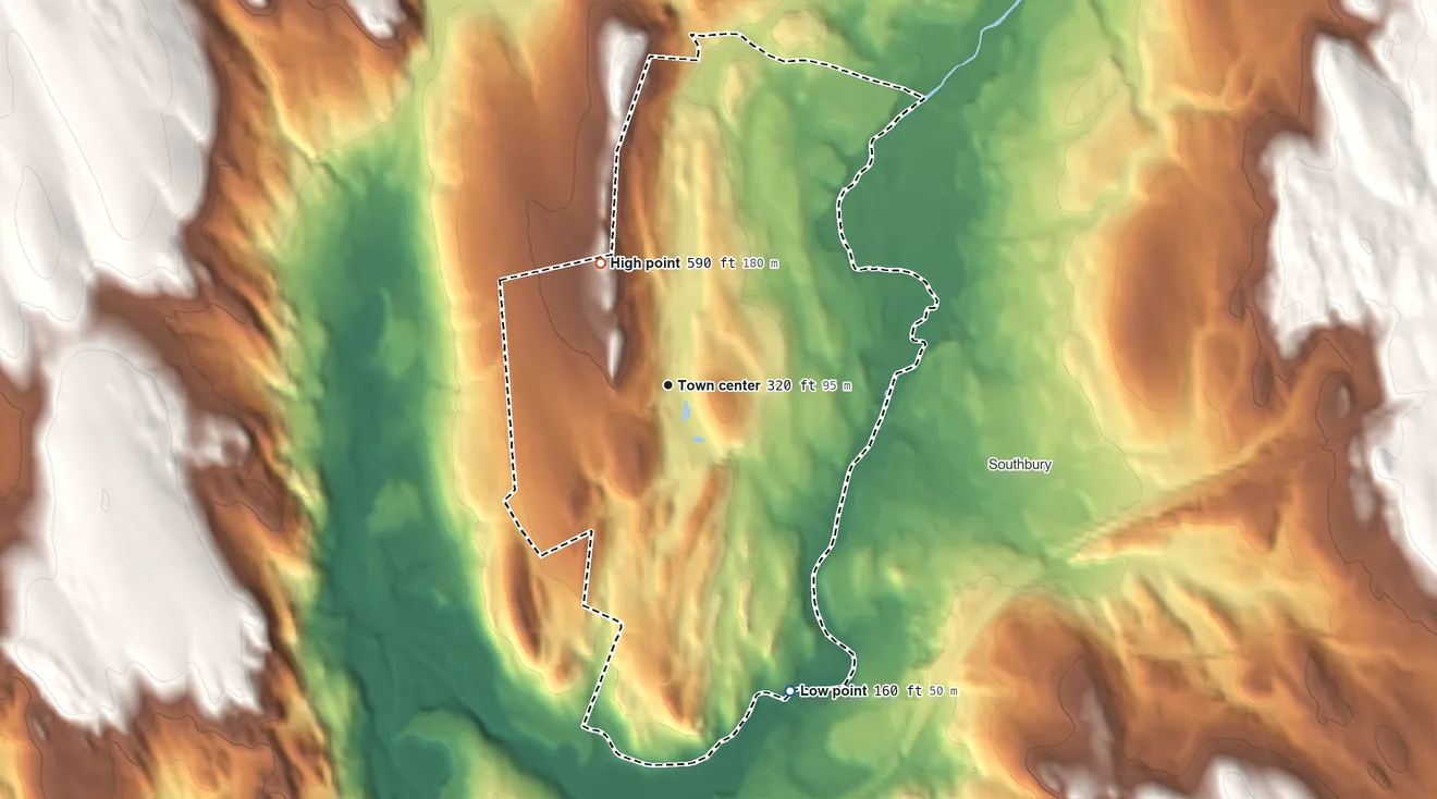 Topographic elevation map of Heritage Village, Connecticut, shaded from 160 ft on the south side to 590 ft on the northwest side