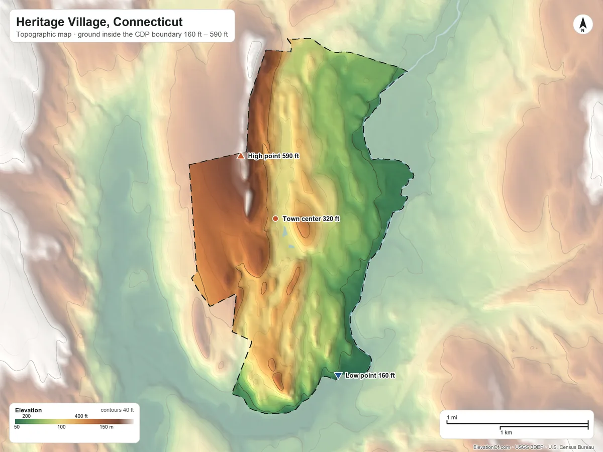 Topographic elevation map of Heritage Village, Connecticut, shaded from 160 ft on the south side to 590 ft on the northwest side