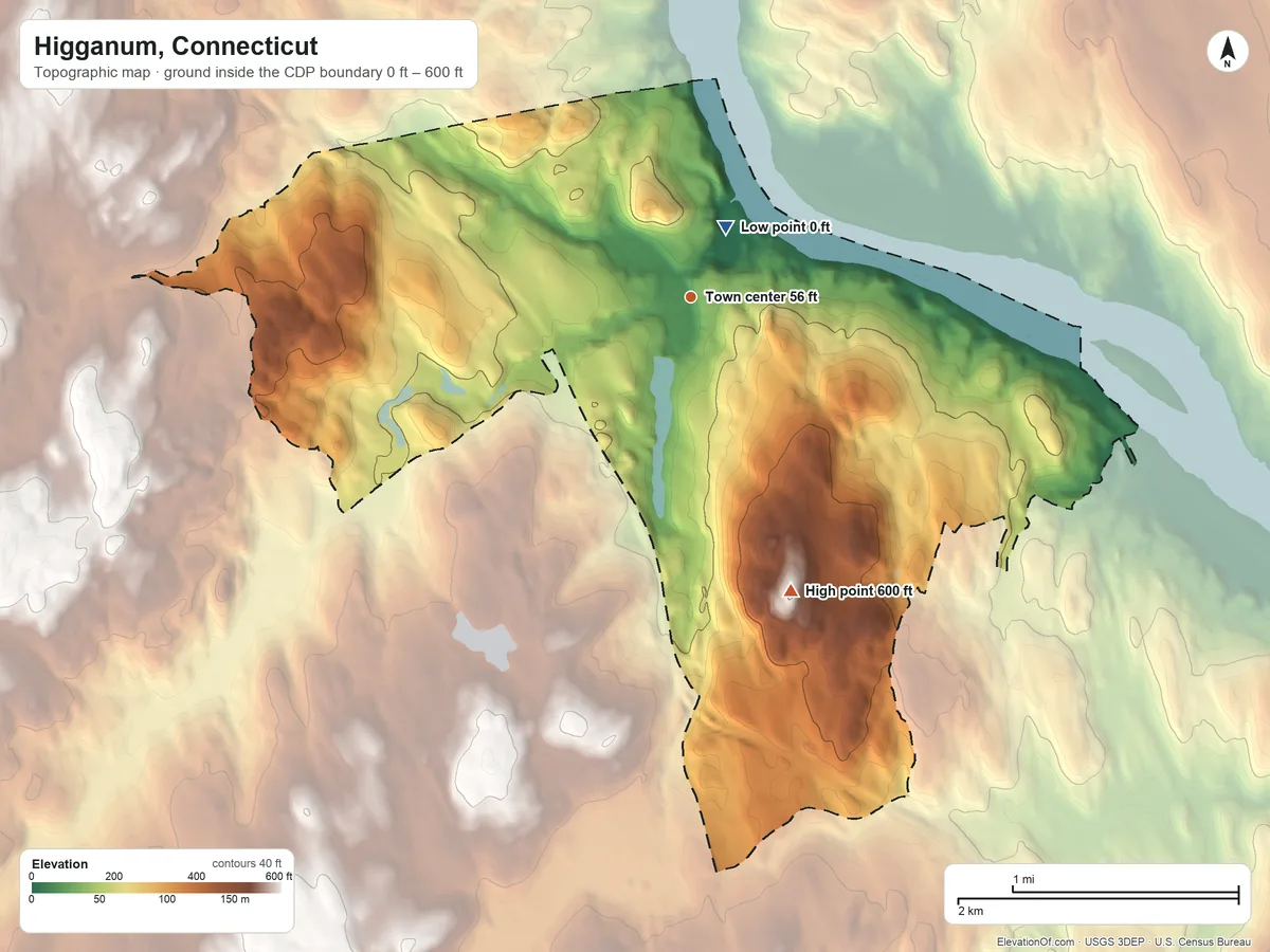 Topographic elevation map of Higganum, Connecticut, shaded from 0 ft near the middle to 600 ft on the south side
