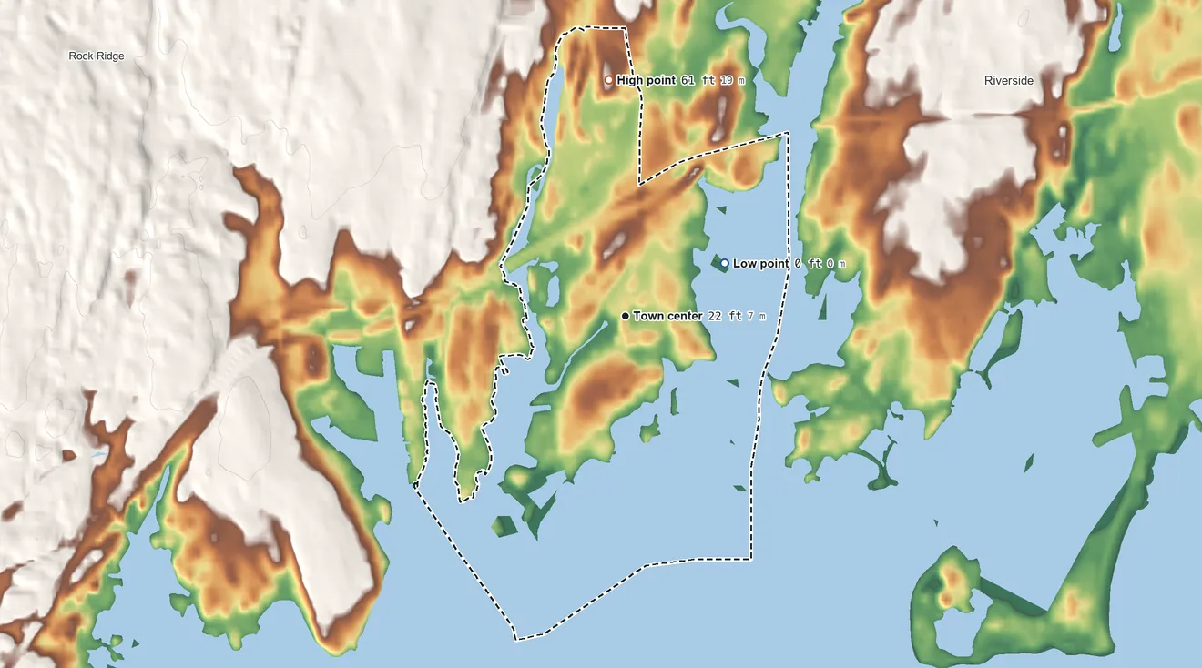Topographic elevation map of Indian Field, Connecticut, shaded from sea level level on Byram Harbor to 61 ft on the north side