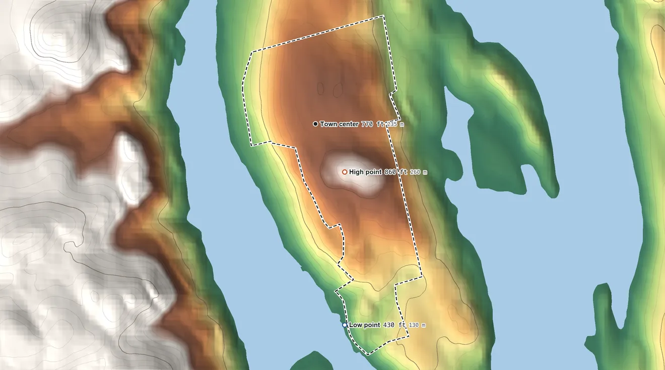 Topographic elevation map of Inglenook, Connecticut, shaded from 430 ft on the south side to 860 ft on the southeast edge, below higher ground just outside