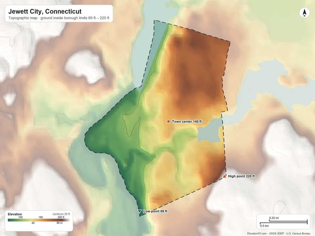 Topographic elevation map of Jewett City, Connecticut, shaded from 69 ft on the south side to 220 ft on the southeast side