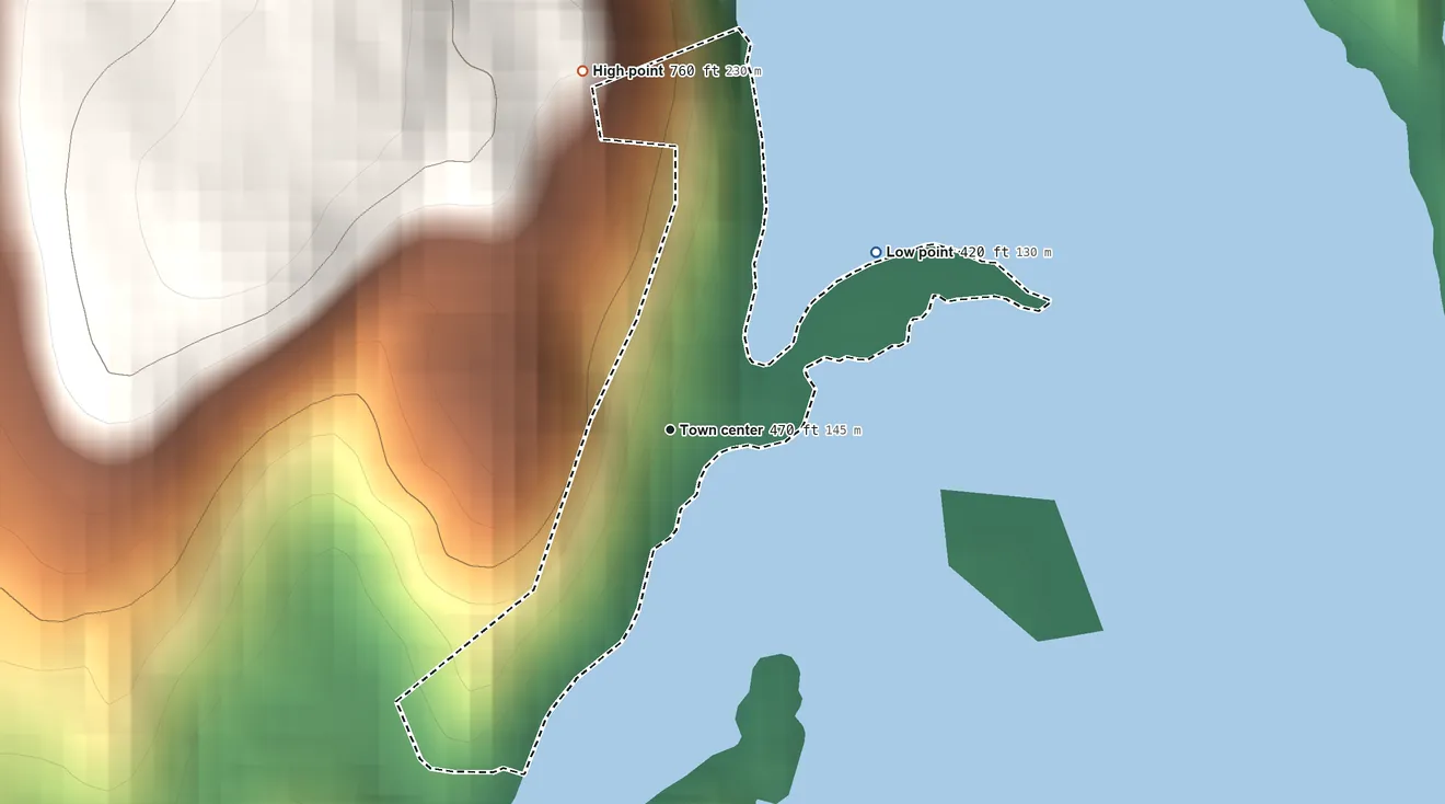Topographic elevation map of Kellogg Point, Connecticut, shaded from 420 ft on the northeast side to 760 ft on the north side