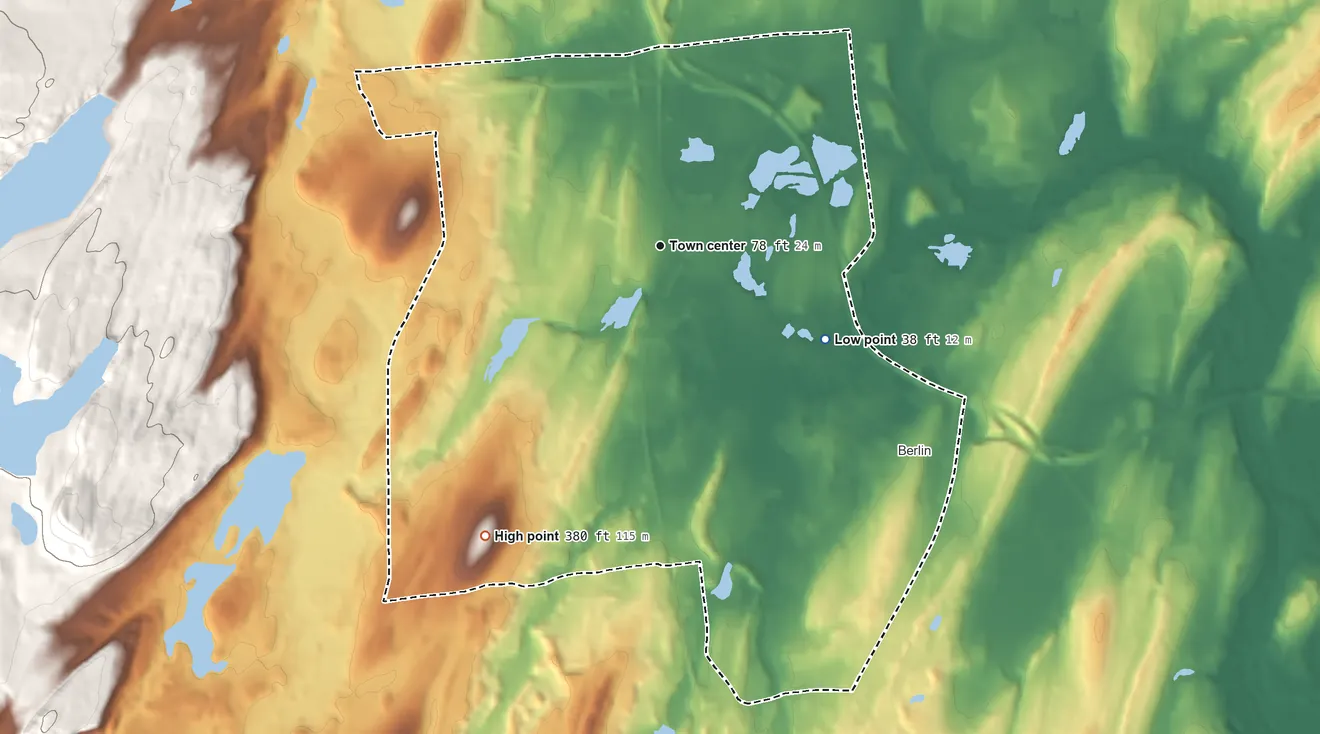 Topographic elevation map of Kensington, Connecticut, shaded from 38 ft on the southeast side to 378 ft on Turkey Hill
