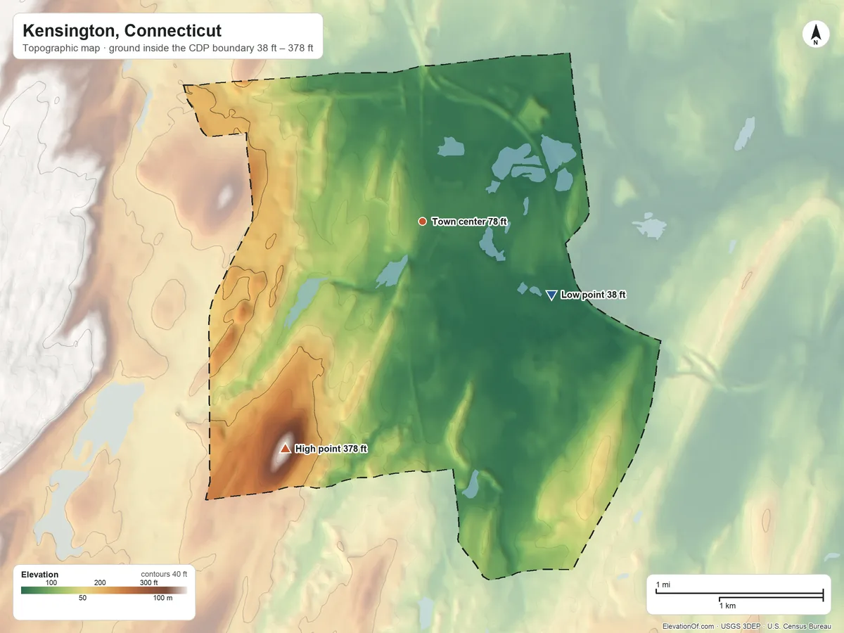 Topographic elevation map of Kensington, Connecticut, shaded from 38 ft on the southeast side to 378 ft on Turkey Hill