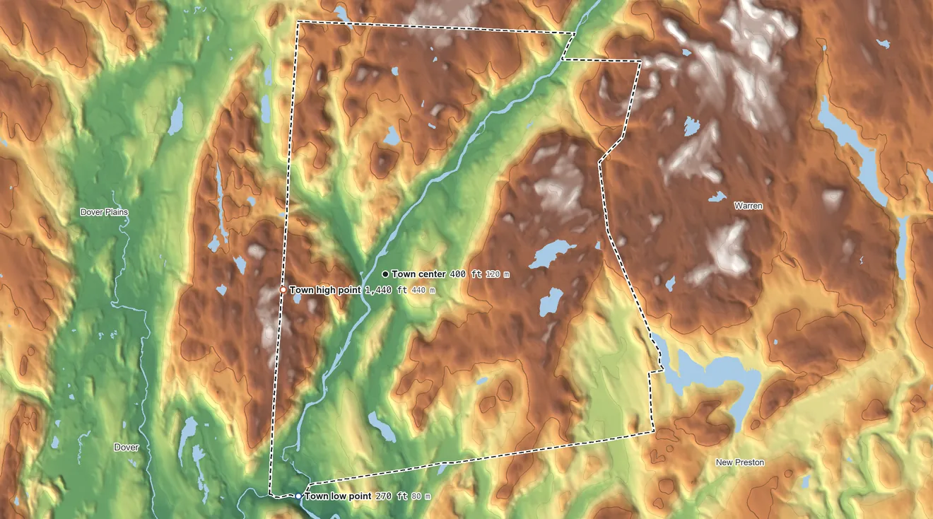 Topographic elevation map of Kent, Connecticut, shaded from 270 ft on the south side to 1,440 ft on East Mountain