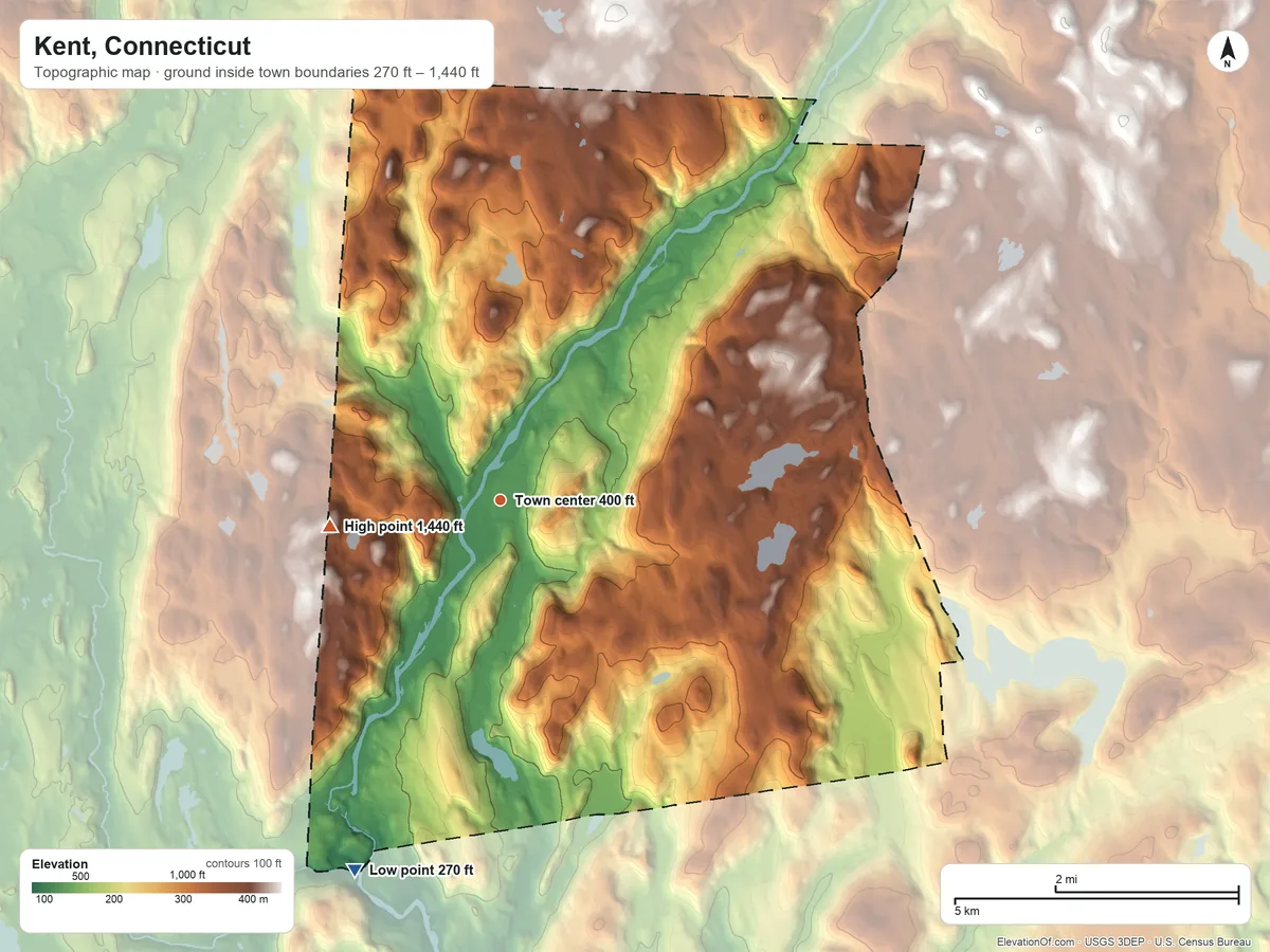 Topographic elevation map of Kent, Connecticut, shaded from 270 ft on the south side to 1,440 ft on East Mountain