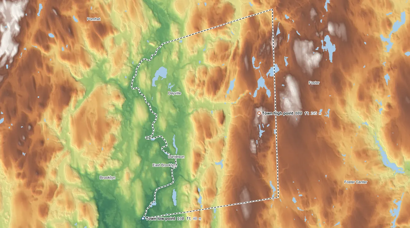 Topographic elevation map of Killingly, Connecticut, shaded from 130 ft on the southwest side to 800 ft on the east side