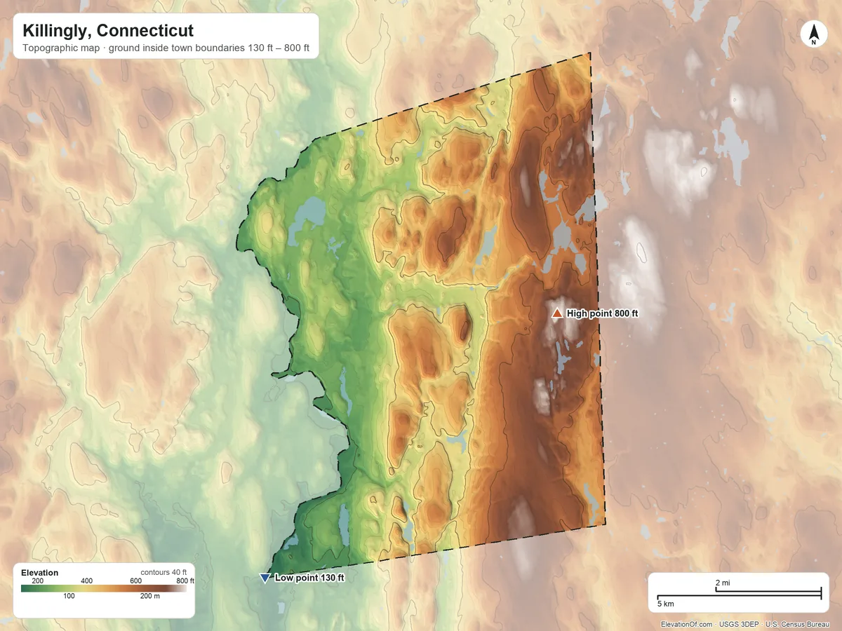 Topographic elevation map of Killingly, Connecticut, shaded from 130 ft on the southwest side to 800 ft on the east side