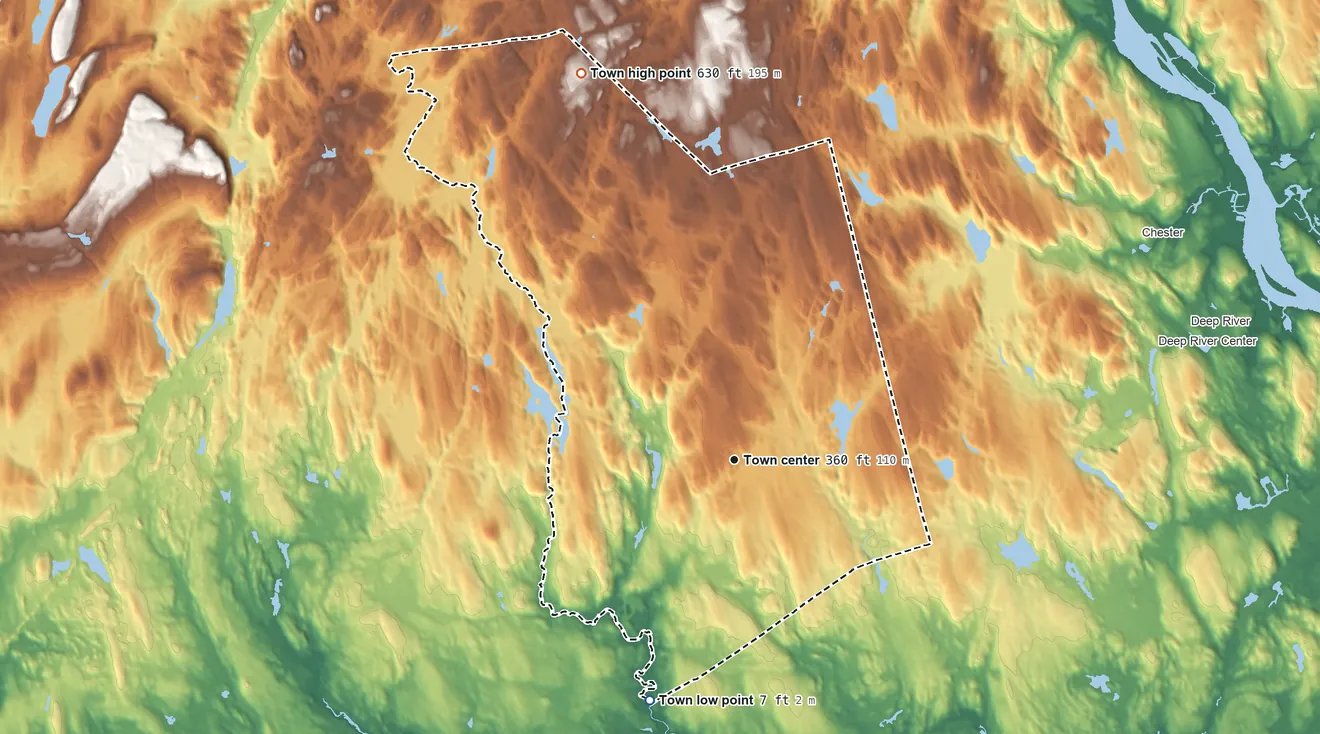 Topographic elevation map of Killingworth, Connecticut, shaded from 7 ft on the south side to 630 ft on the north side