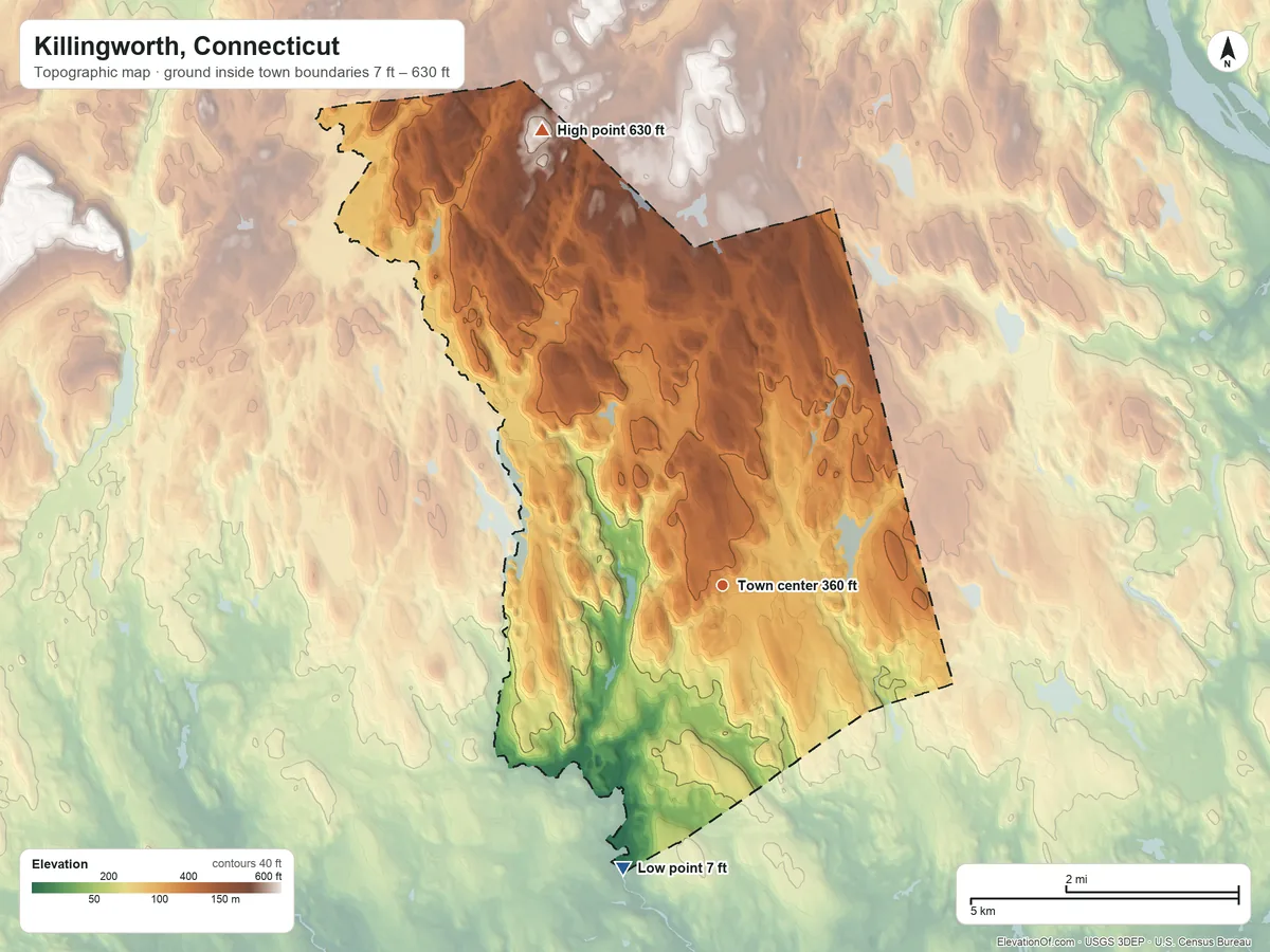 Topographic elevation map of Killingworth, Connecticut, shaded from 7 ft on the south side to 630 ft on the north side