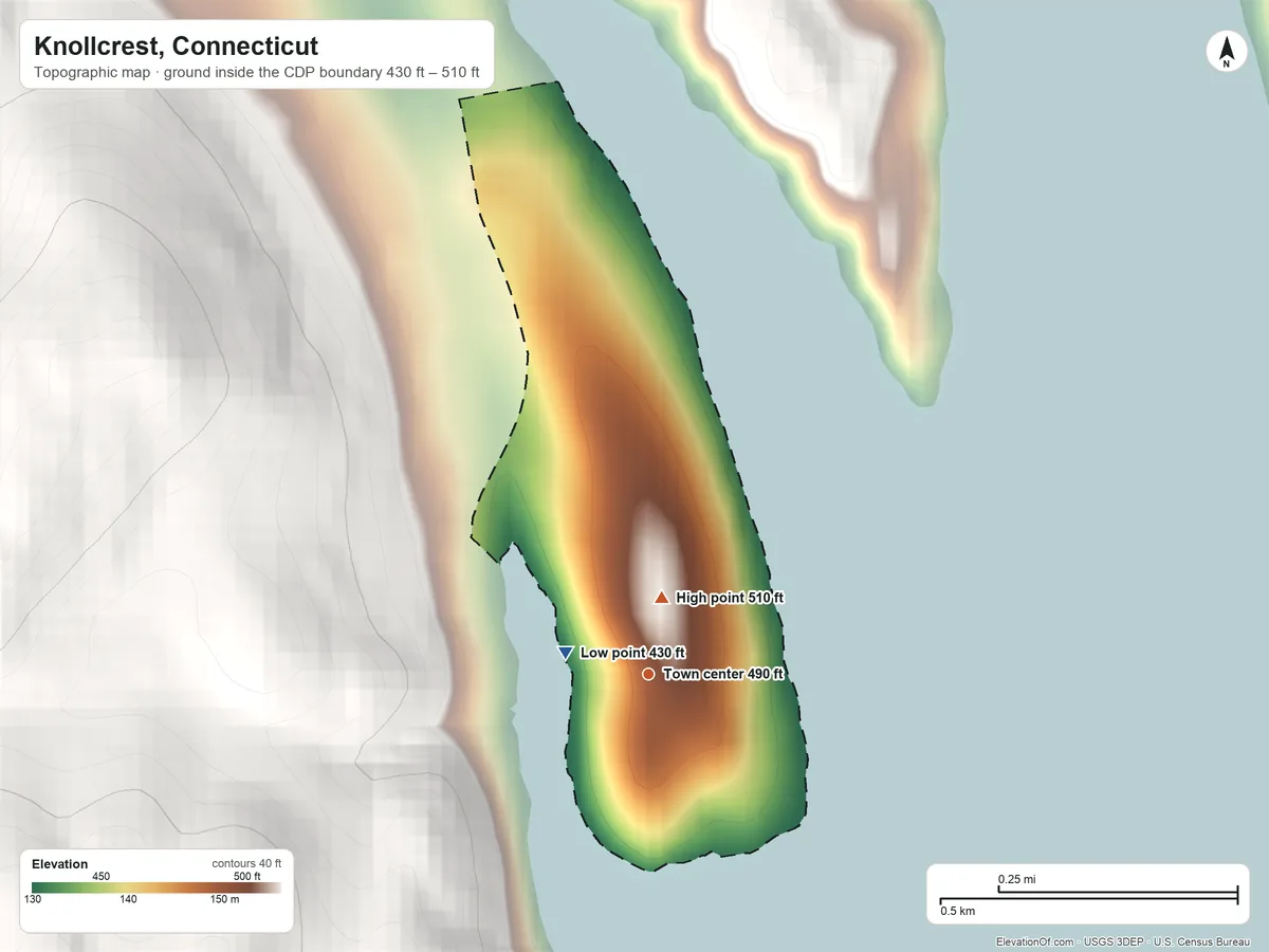 Topographic elevation map of Knollcrest, Connecticut, shaded from 430 ft near the middle to 510 ft on the north edge, below higher ground just outside