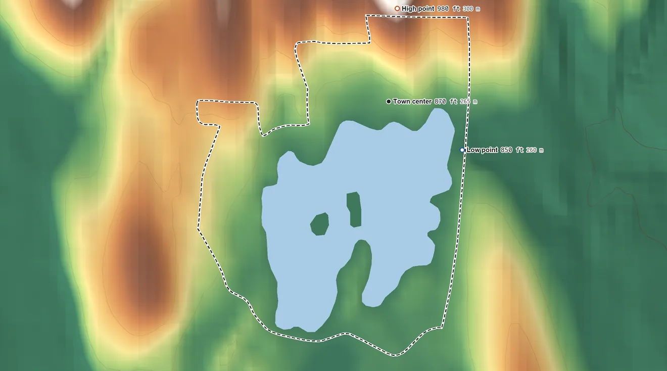 Topographic elevation map of Lake Chaffee, Connecticut, shaded from 850 ft on the southeast side to 980 ft on the north side