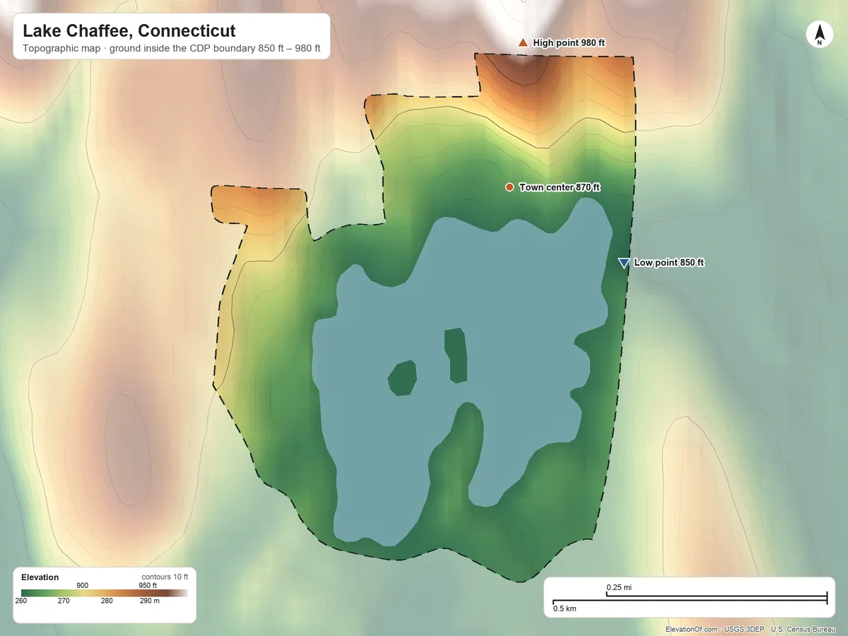 Topographic elevation map of Lake Chaffee, Connecticut, shaded from 850 ft on the southeast side to 980 ft on the north side