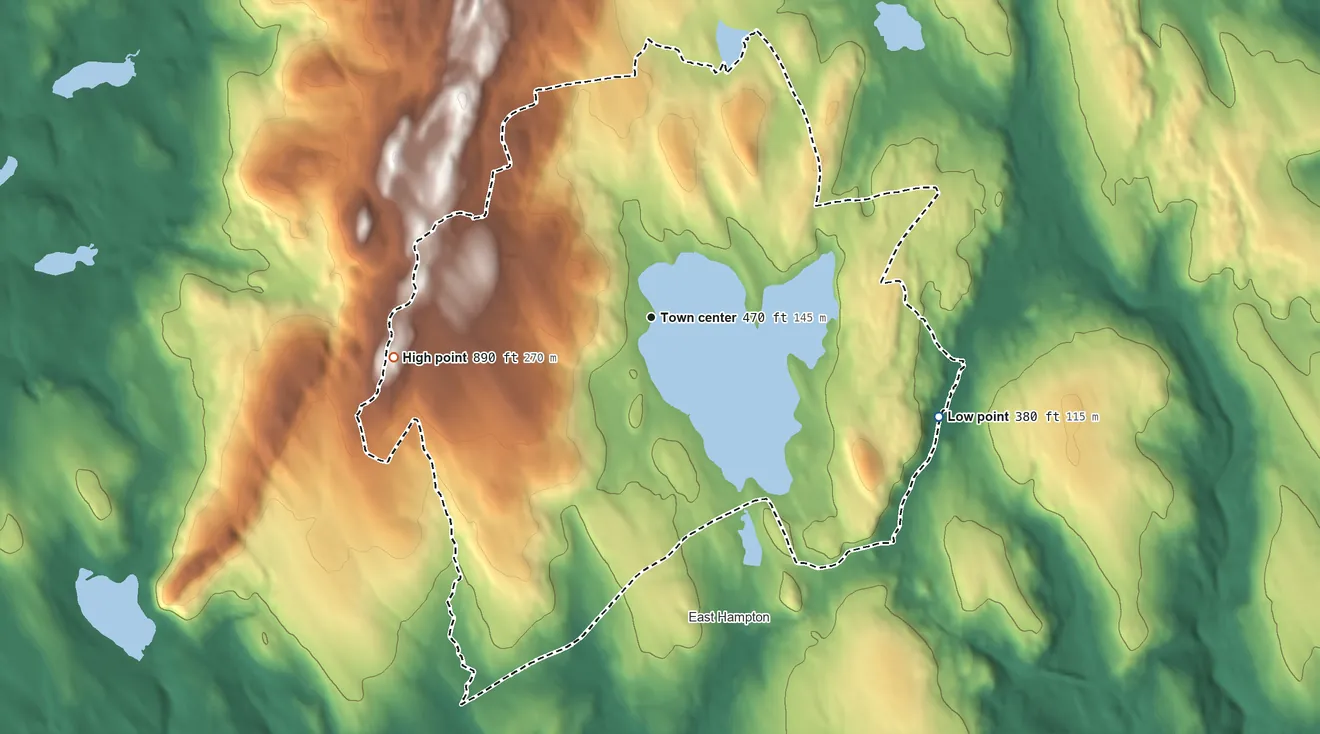 Topographic elevation map of Lake Pocotopaug, Connecticut, shaded from 380 ft on the east side to 890 ft on the west side