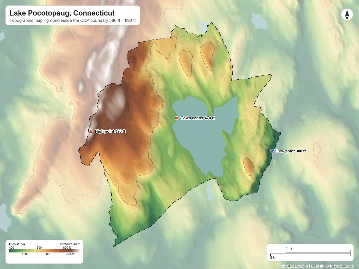 Topographic elevation map of Lake Pocotopaug, Connecticut, shaded from 380 ft on the east side to 890 ft on the west side