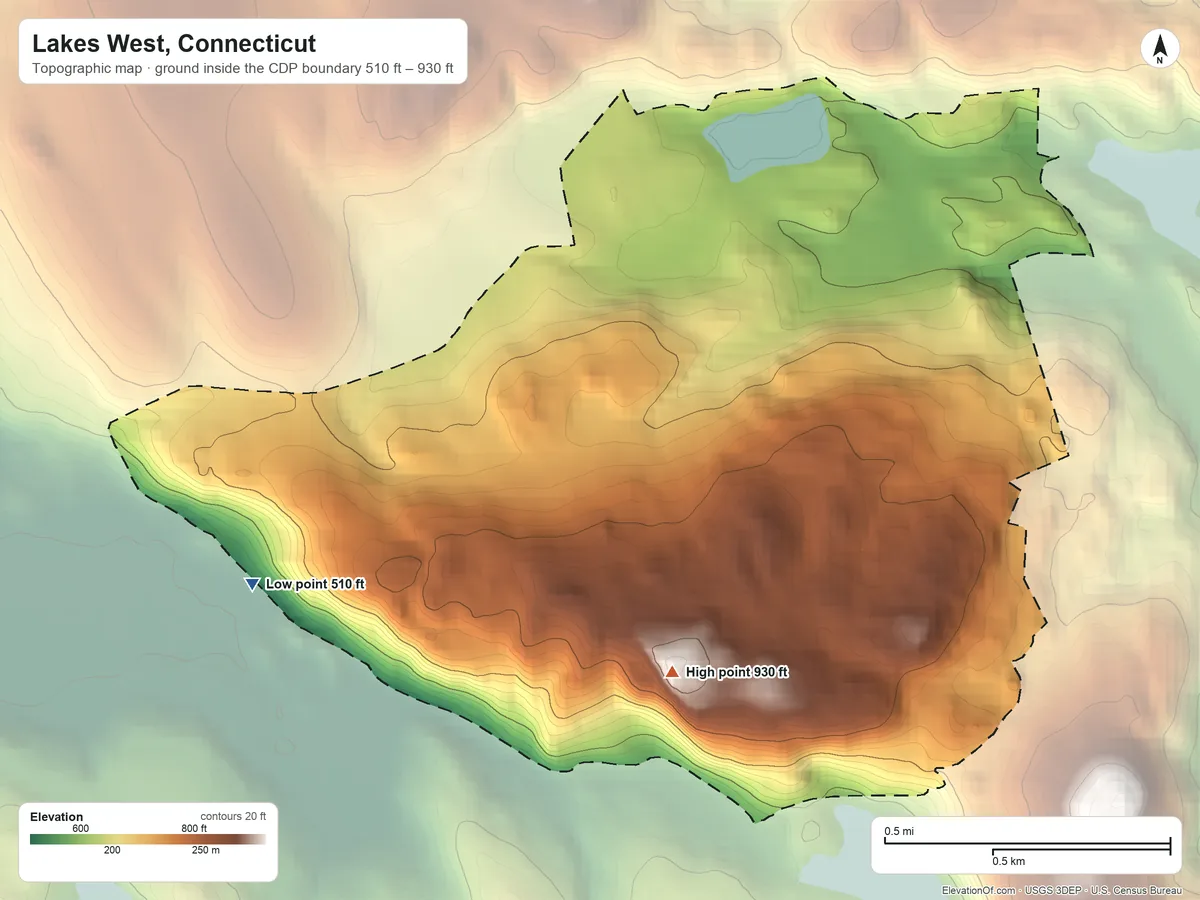 Topographic elevation map of Lakes West, Connecticut, shaded from 510 ft on the west side to 930 ft on Seth Low Mountain