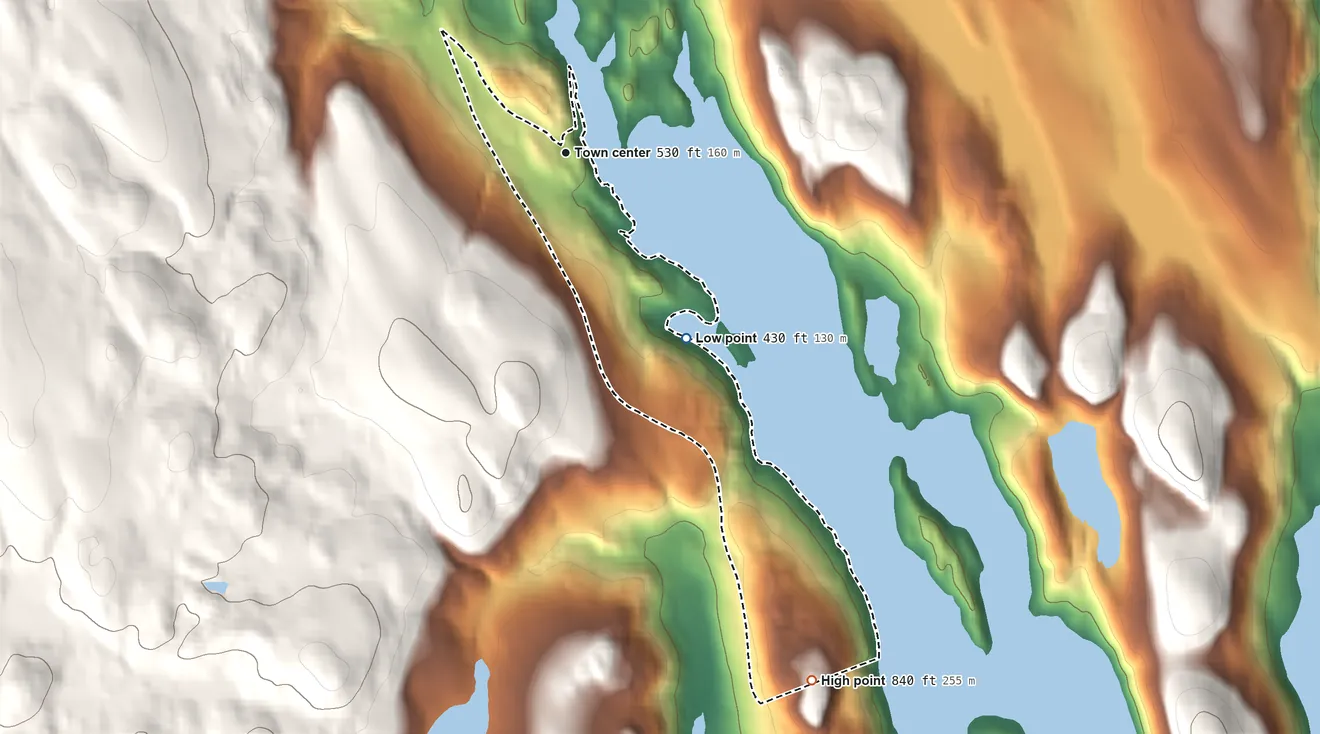 Topographic elevation map of Lakeside Woods, Connecticut, shaded from 430 ft on the southeast side to 840 ft on the southeast side