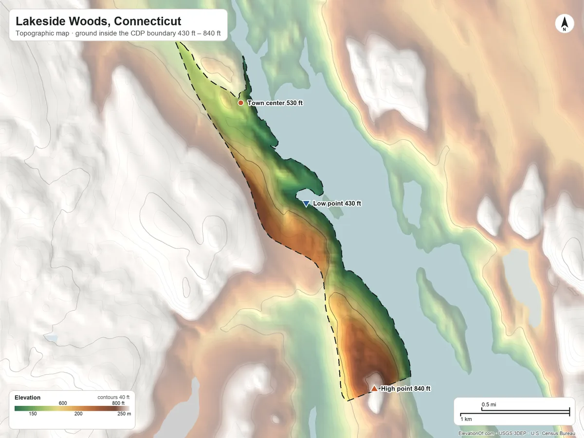 Topographic elevation map of Lakeside Woods, Connecticut, shaded from 430 ft on the southeast side to 840 ft on the southeast side