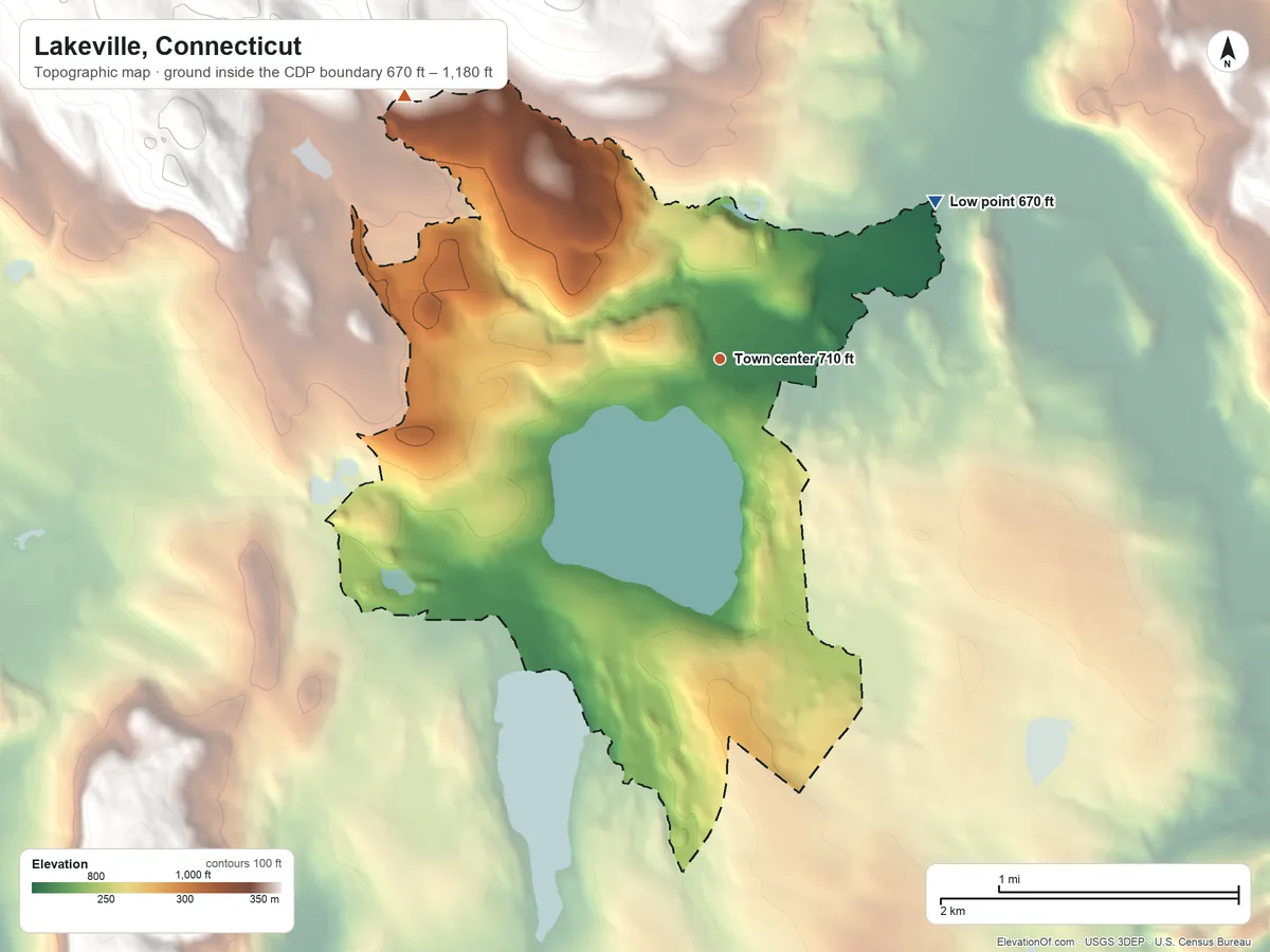 Topographic elevation map of Lakeville, Connecticut, shaded from 670 ft on the northeast side to 1,180 ft on the northwest edge, below higher ground just outside