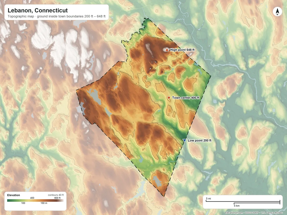 Topographic elevation map of Lebanon, Connecticut, shaded from 200 ft on the south side to 648 ft on Gates Hill