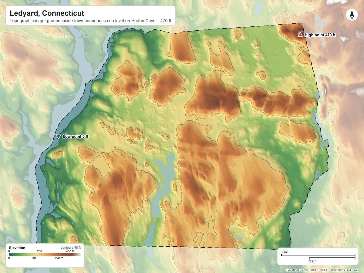 Topographic elevation map of Ledyard, Connecticut, shaded from sea level level on Horton Cove to 470 ft on Ayer Hill