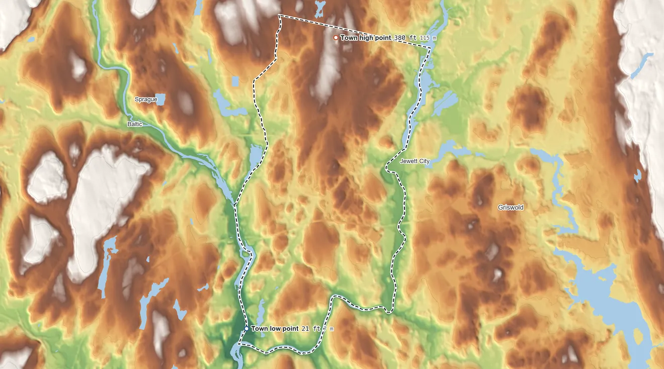 Topographic elevation map of Lisbon, Connecticut, shaded from 21 ft on the southwest side to 380 ft on the north side