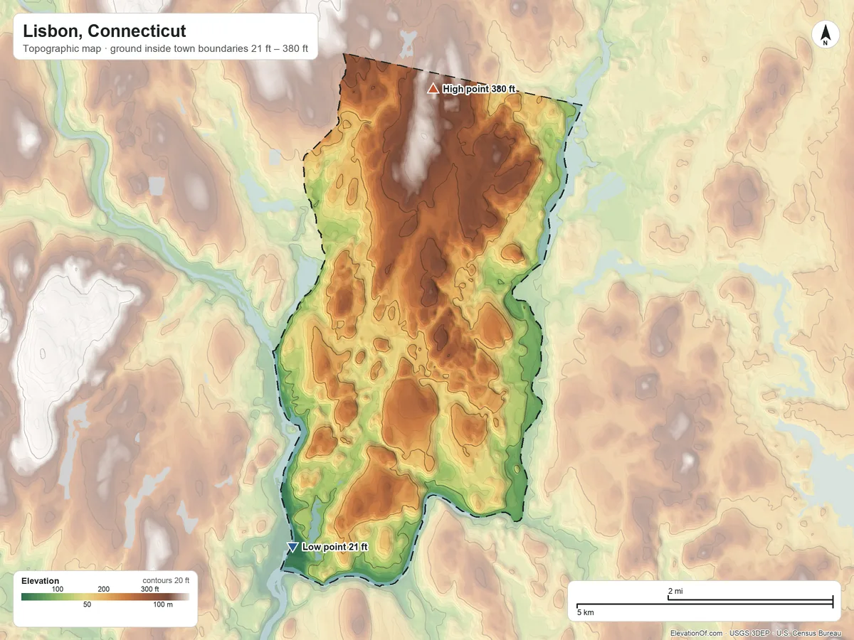 Topographic elevation map of Lisbon, Connecticut, shaded from 21 ft on the southwest side to 380 ft on the north side