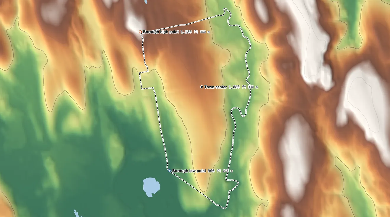 Topographic elevation map of Borough of Litchfield, Connecticut, shaded from 900 ft on the south side to 1,180 ft on the northwest side