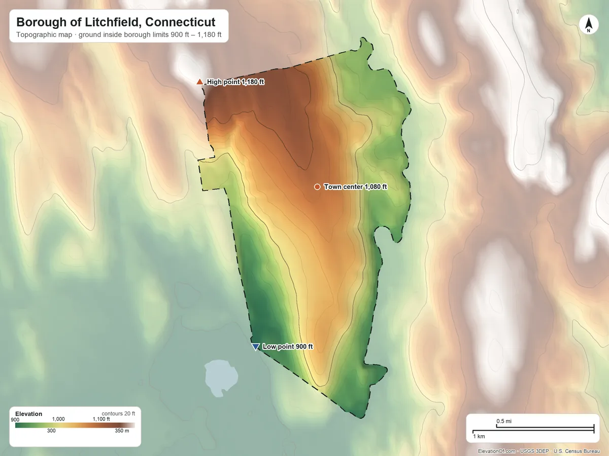 Topographic elevation map of Borough of Litchfield, Connecticut, shaded from 900 ft on the south side to 1,180 ft on the northwest side
