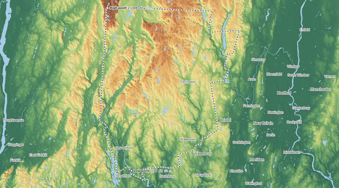 Topographic elevation map of Litchfield County, Connecticut, shaded from 190 ft on the southwest side to 2,380 ft on the northwest side