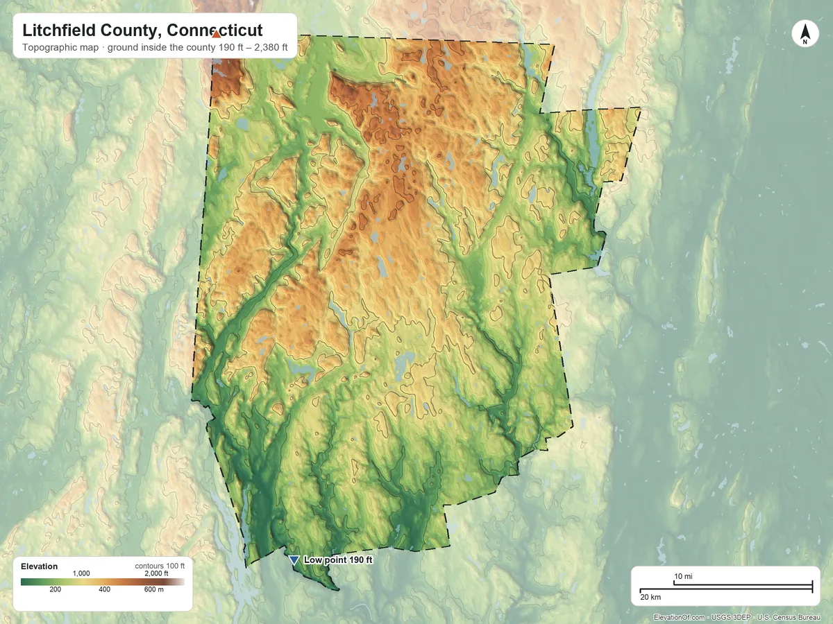 Topographic elevation map of Litchfield County, Connecticut, shaded from 190 ft on the southwest side to 2,380 ft on the northwest side