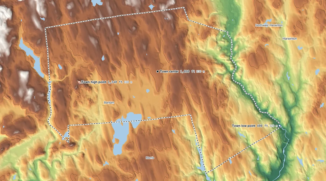 Topographic elevation map of Litchfield, Connecticut, shaded from 400 ft on the southeast side to 1,340 ft on Mount Prospect